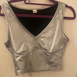 Silver Sleeveless V-Neck Crop Top